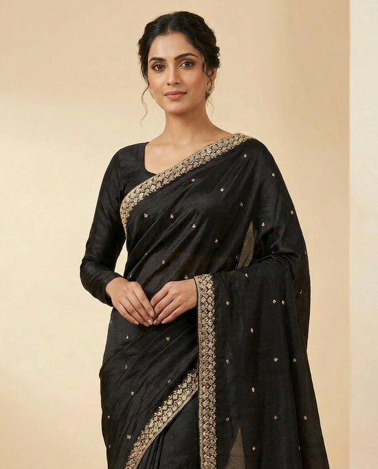 Black Wrinkle Satin Saree with Sequin Embroidery