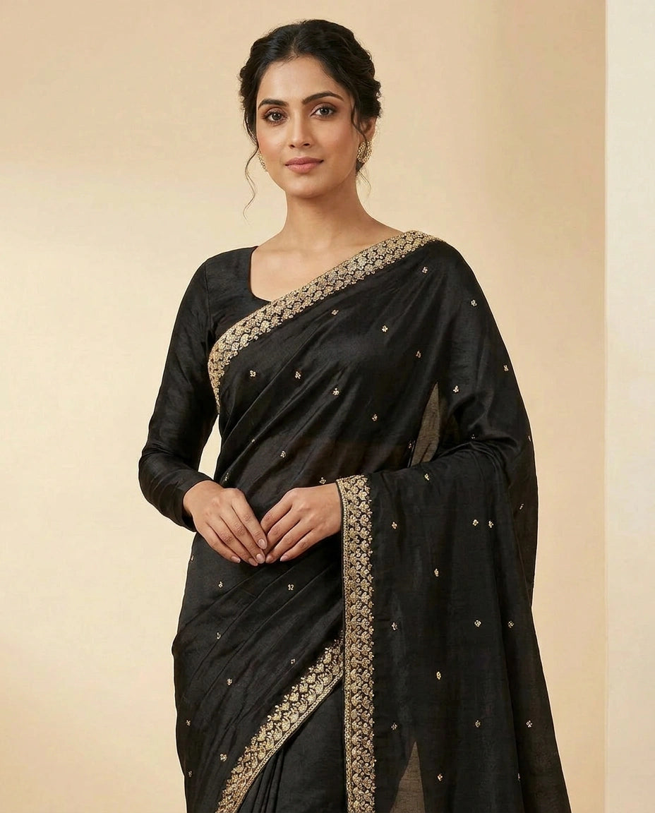 Wrinkle Satin Saree with Thread and Sequin Embroidery Work