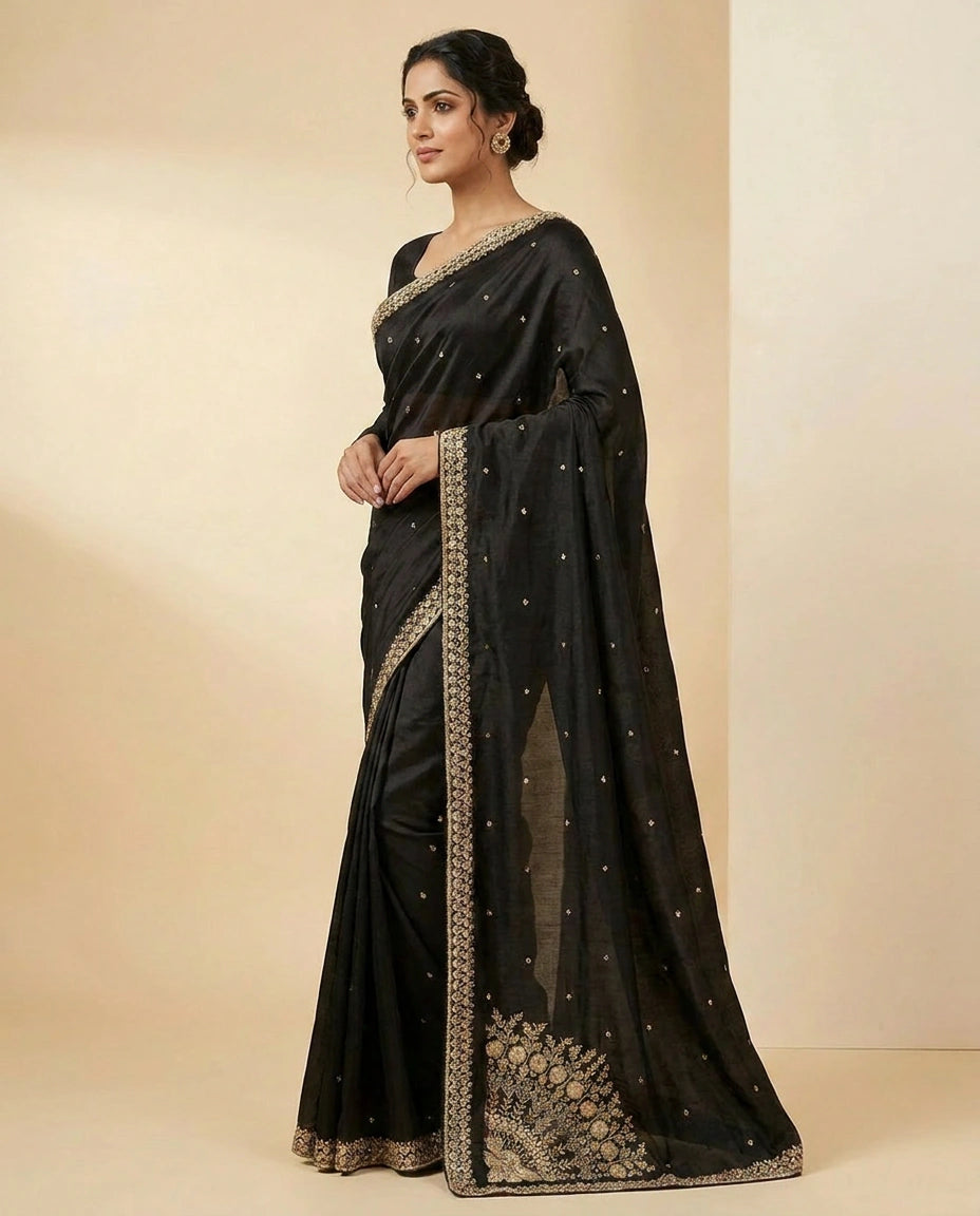 Wrinkle Satin Saree with Thread and Sequin Embroidery Work by Rangoli