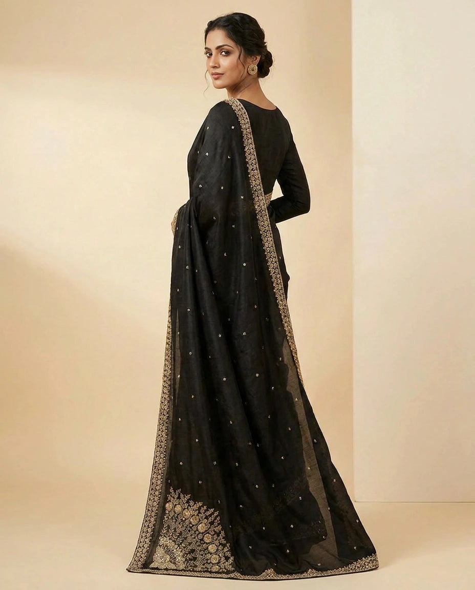 Wrinkle Satin Saree with Thread and Sequin Embroidery Work by Rangoli