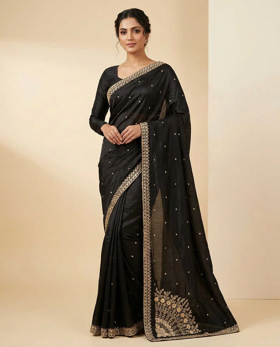 Wrinkle Satin Saree with Thread and Sequin Embroidery Work