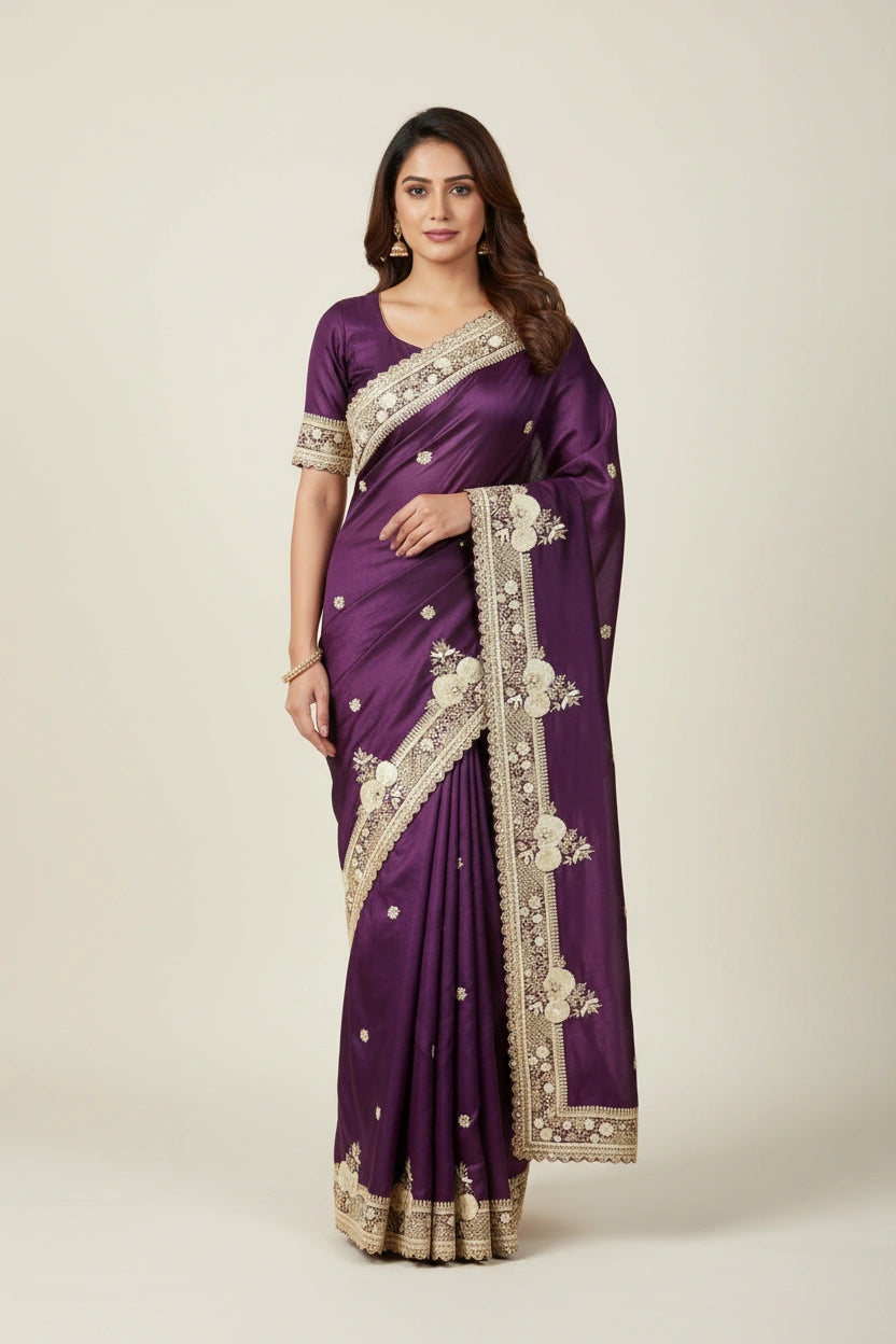 Embroidered Satin Saree with Zari Work - satin Indian ethnic wear by Rangoli