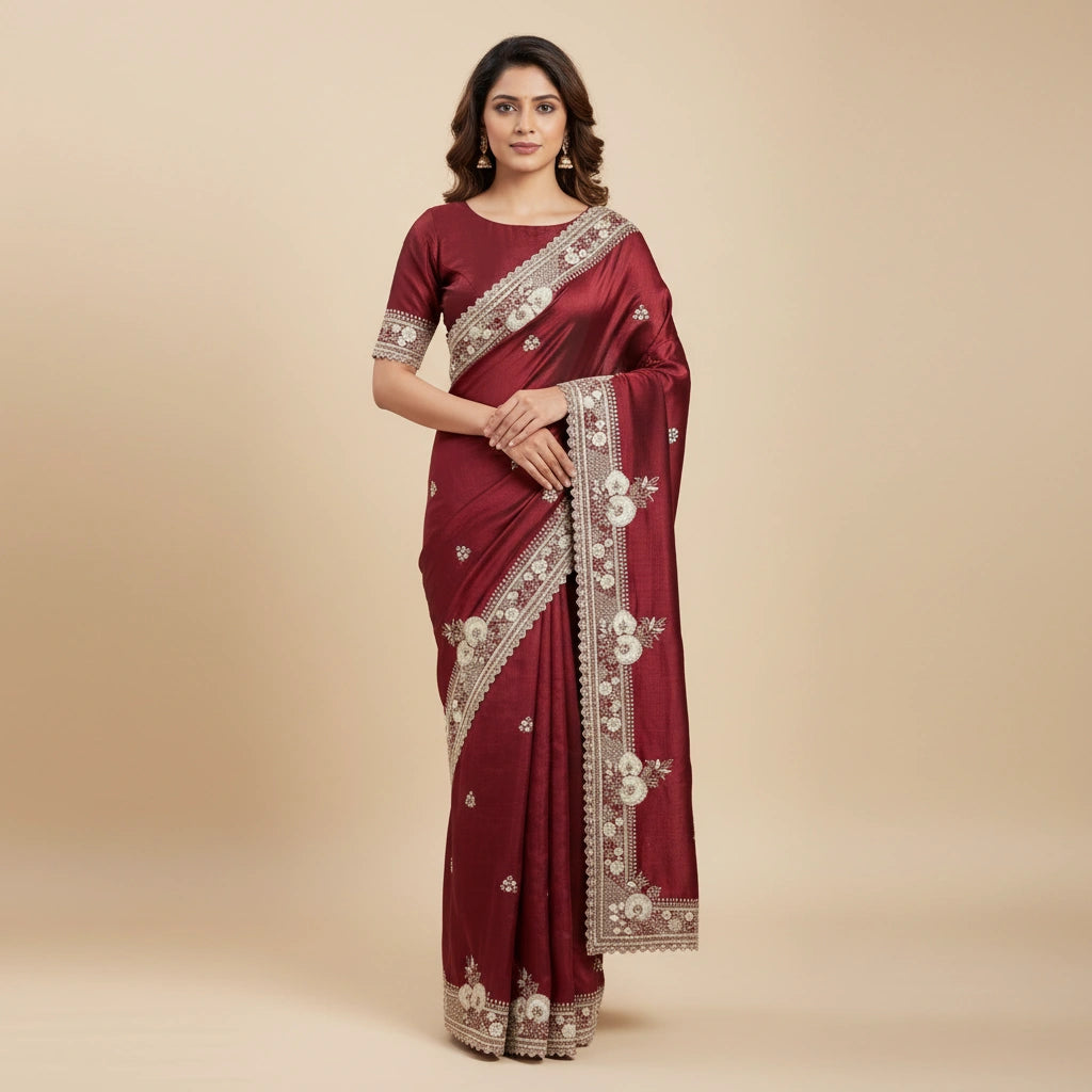 Embroidered Satin Saree with Zari Work