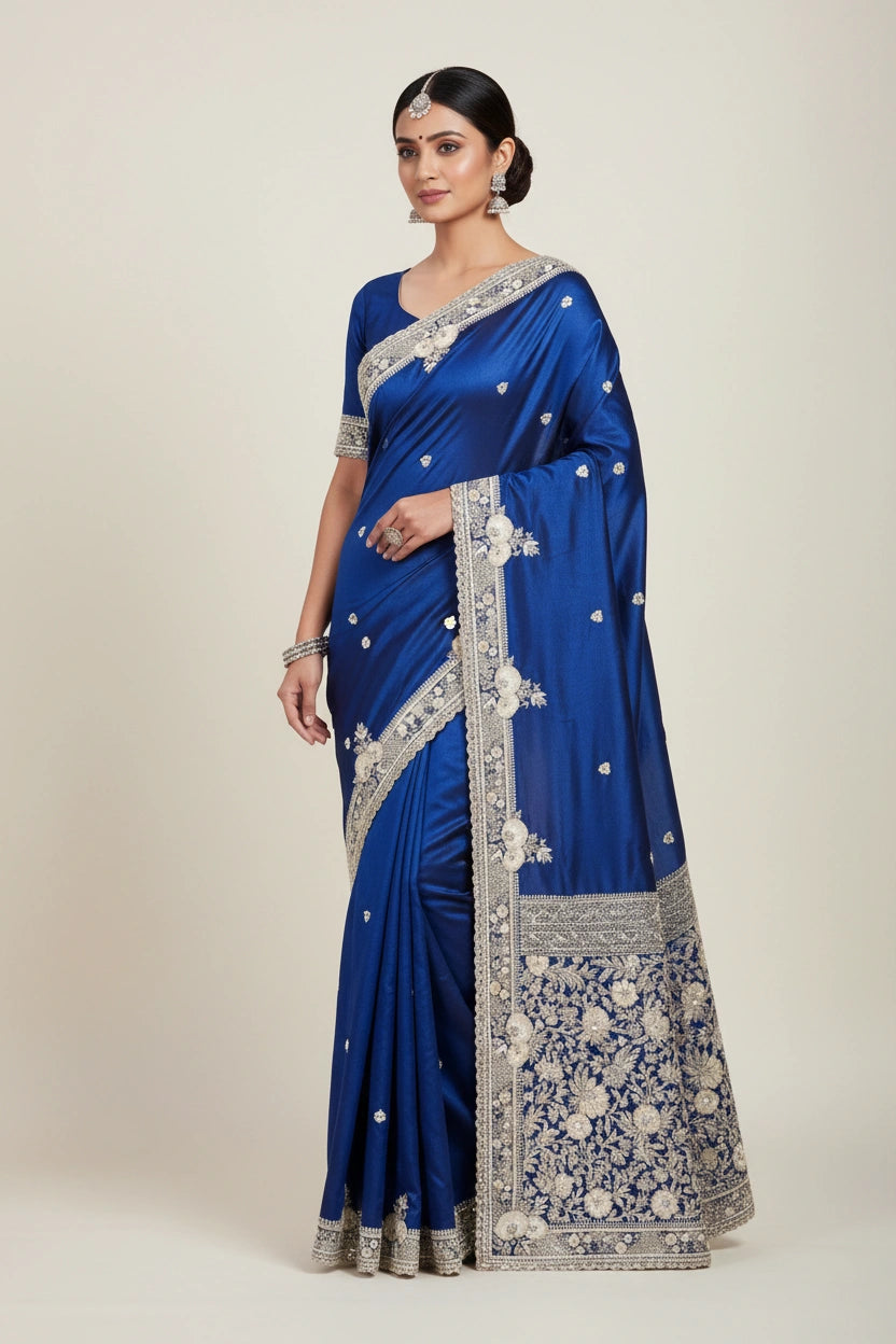 Embroidered Satin Saree with Zari Work