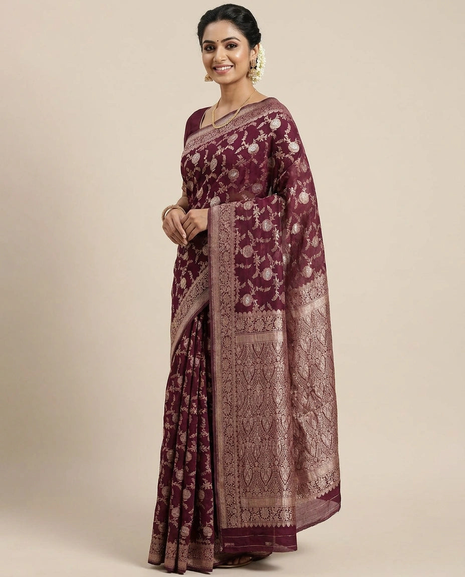 Crepe Khaddi Banarasi Saree with Woven Border - Rangoli India