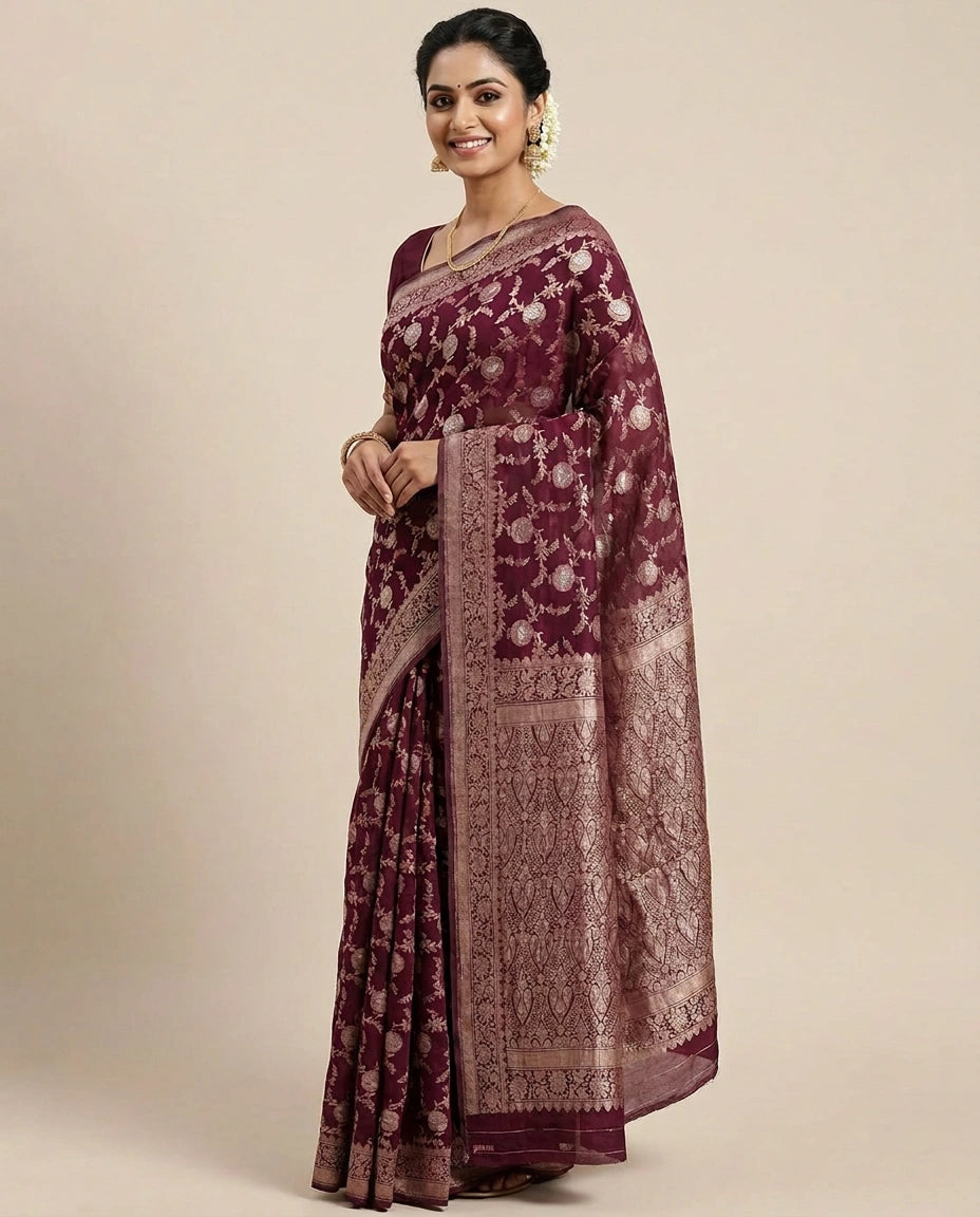 Crepe Khaddi Banarasi Saree with Woven Border - Rangoli India
