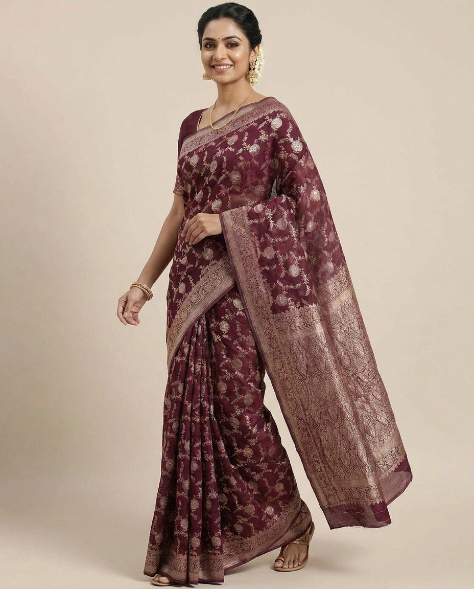 Crepe Khaddi Banarasi Saree with Woven Border - Rangoli India