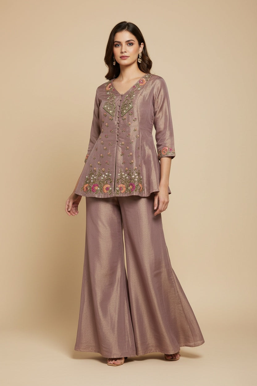 Soft Onion Pink Silk Kurta Palazzo Set with Hand Embroidery