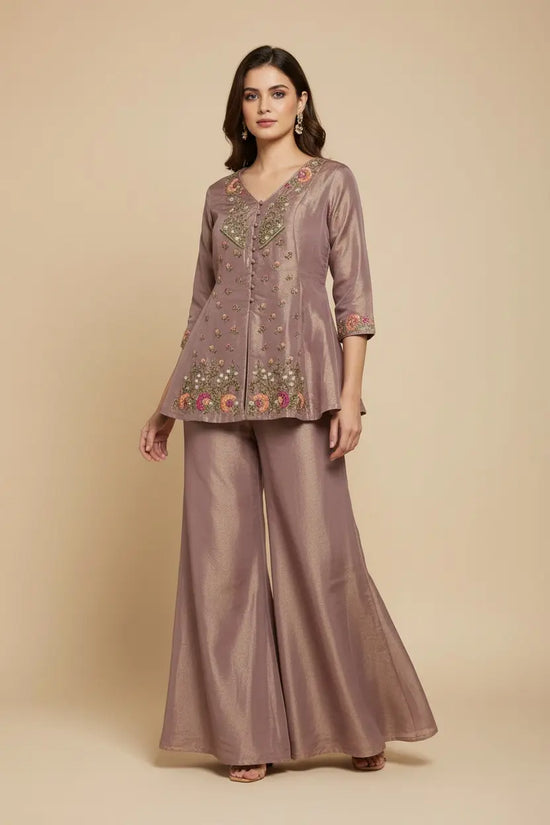 Onion Pink Mauve Silk Kurta Palazzo Set with Floral Thread Embroidery - Rangoli India