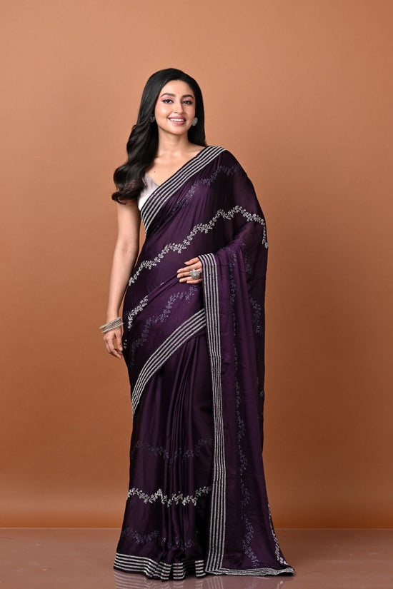 Purple Satin Wrinkle Embroidery Saree - satin Indian ethnic wear by Rangoli
