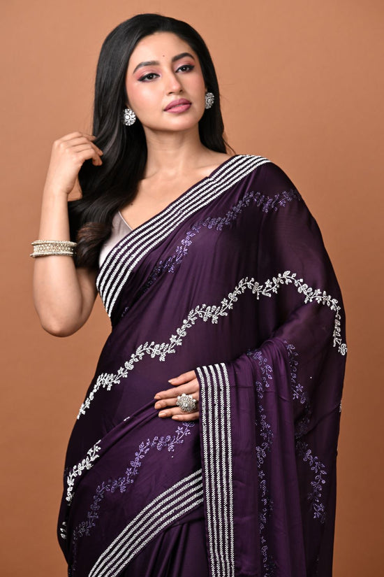 Purple Satin Wrinkle Embroidery Saree - satin Indian ethnic wear by Rangoli