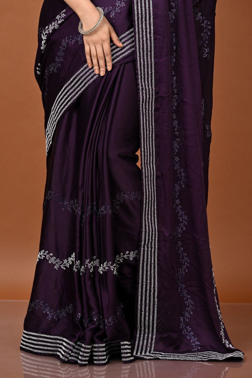 Purple Satin Wrinkle Embroidery Saree - satin Indian ethnic wear by Rangoli