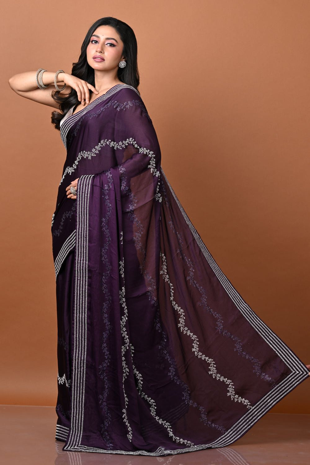 Purple Satin Wrinkle Embroidery Saree - satin Indian ethnic wear by Rangoli