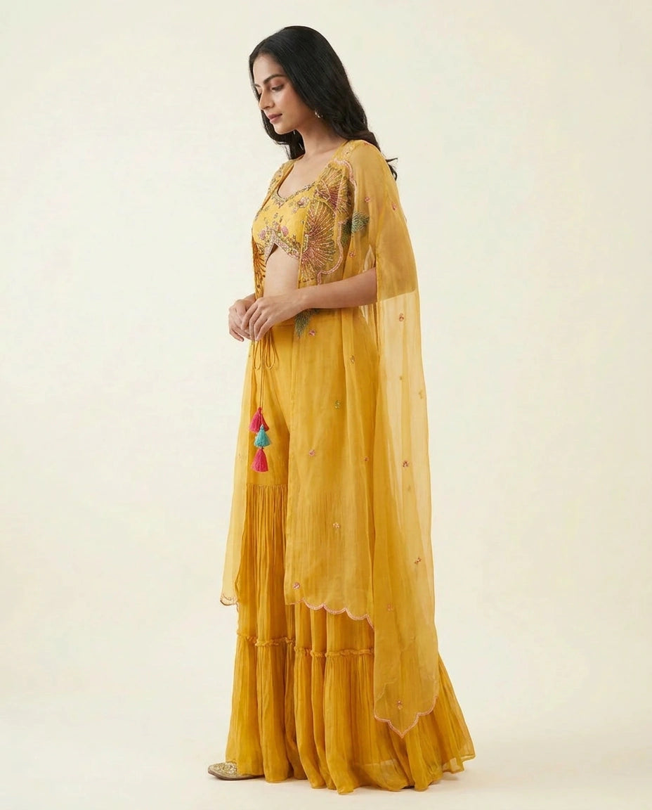 Yellow Mauve Net Jacket Palazzo Set for Wedding Occasions