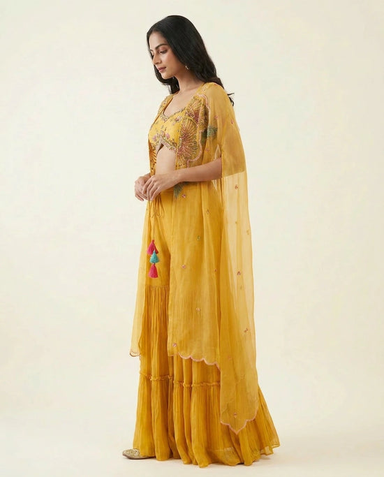 Yellow Net Jacket Palazzo Set Jacket Suit Set by Rangoli