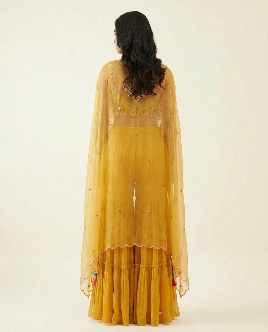 Yellow Net Jacket Palazzo Set Jacket Suit Set by Rangoli
