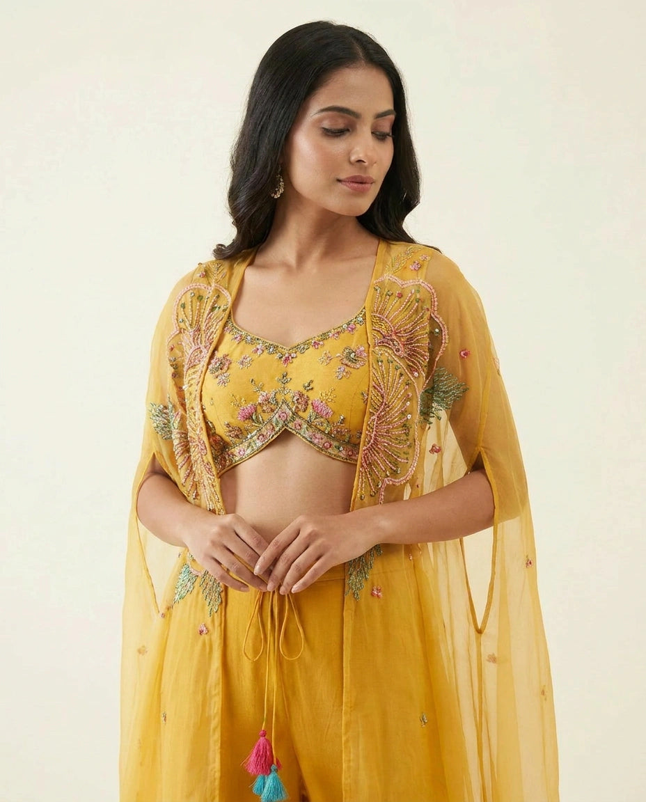 Yellow Mauve Net Jacket Palazzo Set for Wedding Occasions