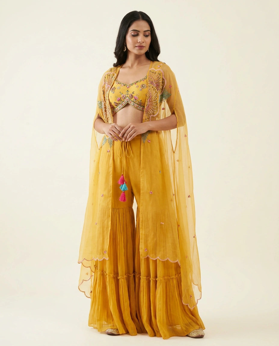 Yellow Mauve Net Jacket Palazzo Set for Wedding Occasions
