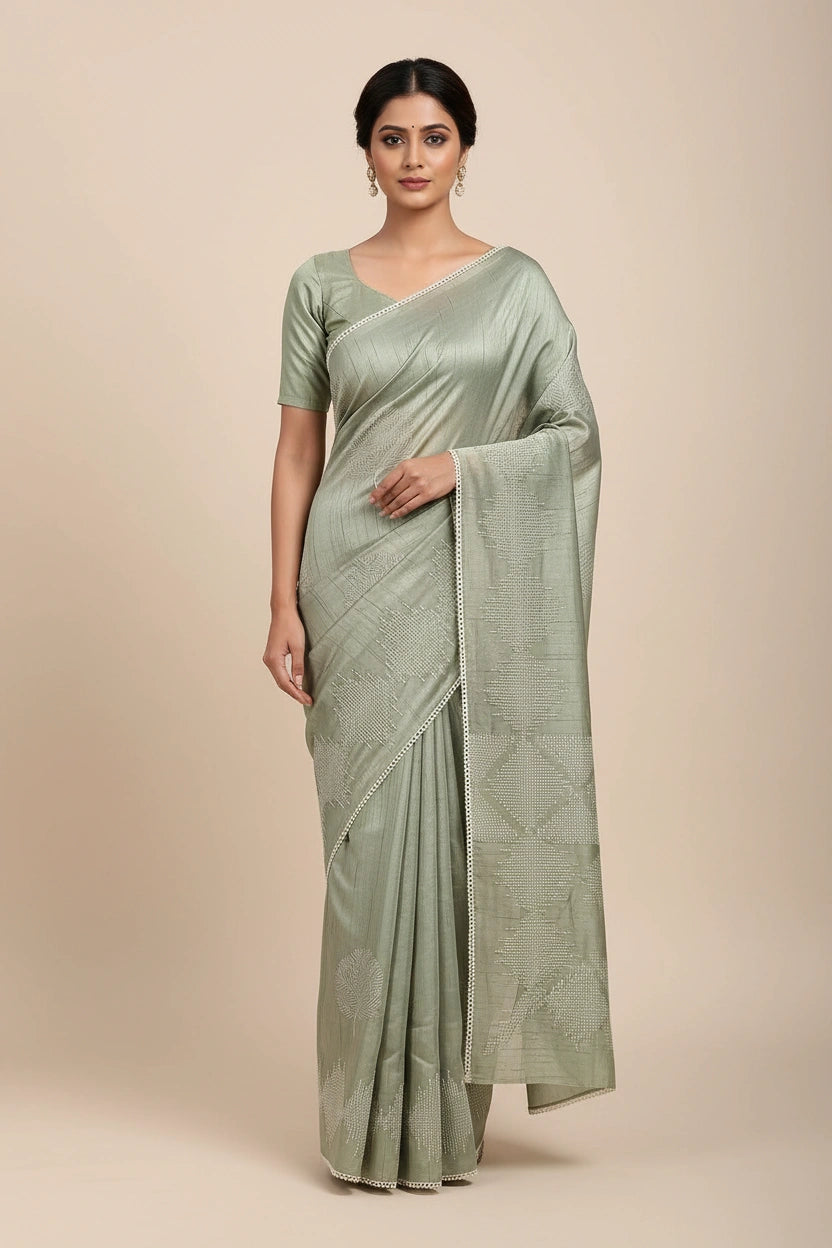 Handcrafted Tussar Silk Embroidery Saree - Rangoli Sarees