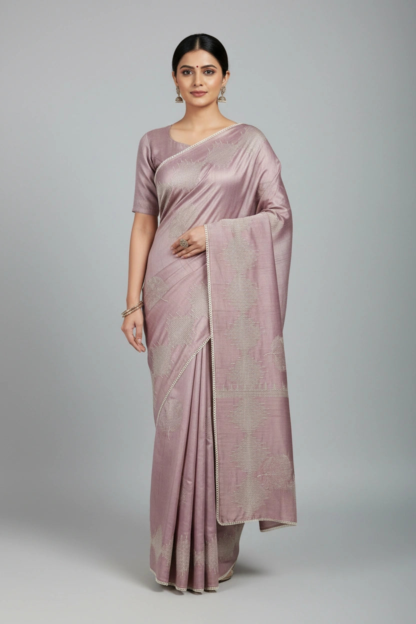 Handcrafted Tussar Silk Embroidery Saree - Tussar Silk Indian ethnic wear by Rangoli