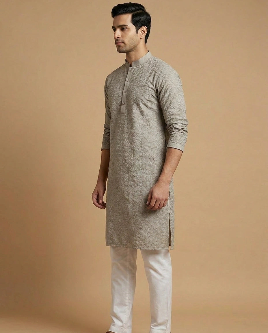 Cotton Kurta Pyjama Set for Men with Ethnic Collar Work view 2