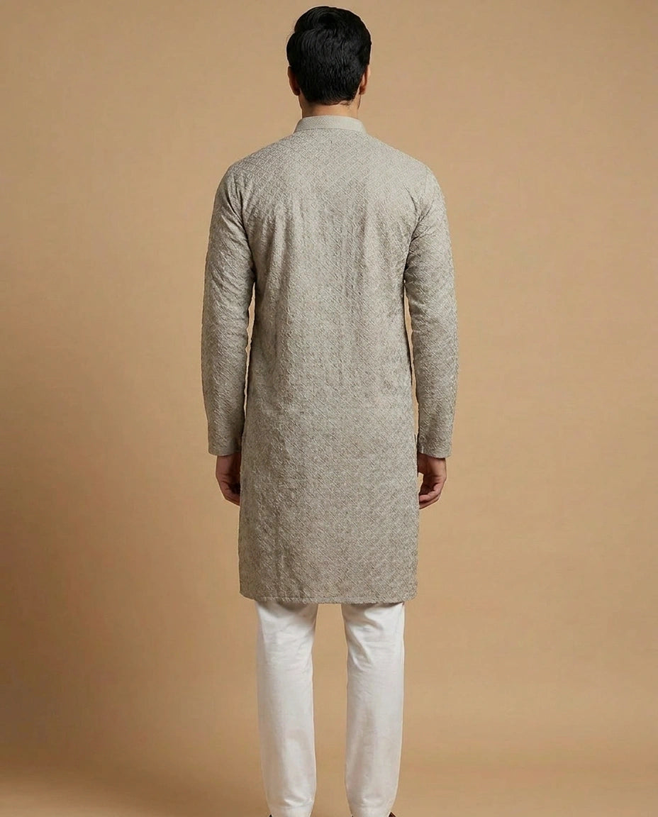 Cotton Kurta Pyjama Set for Men with Ethnic Collar Work view 3