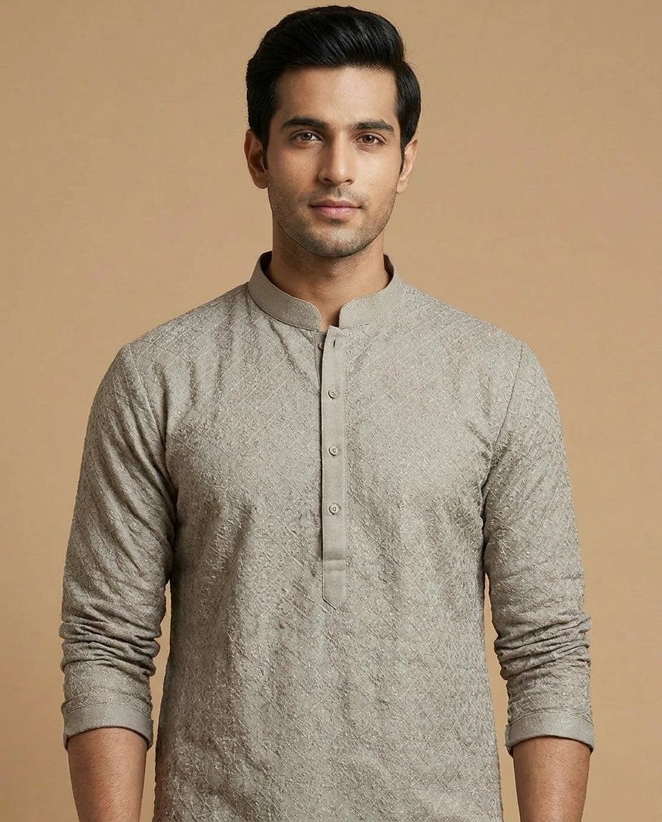 Cotton Kurta Pyjama Set for Men with Ethnic Collar Work view 4