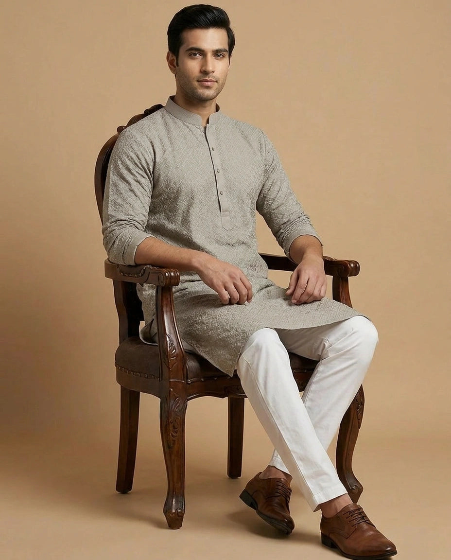 Cotton Kurta Pyjama Set for Men with Ethnic Collar Work view 5