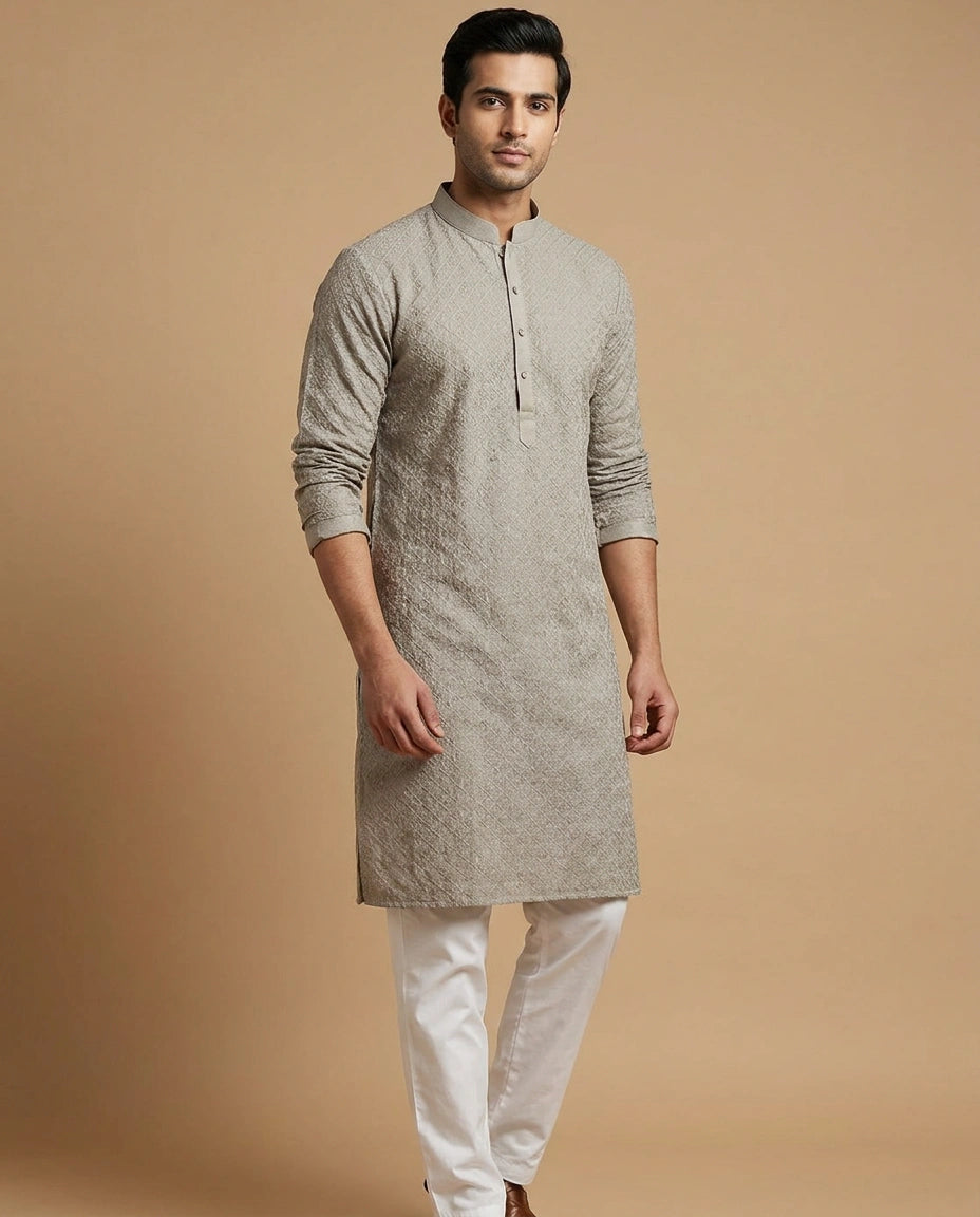 Olive Green Cotton Kurta Pyjama Set for Men with Ethnic Collar Work
