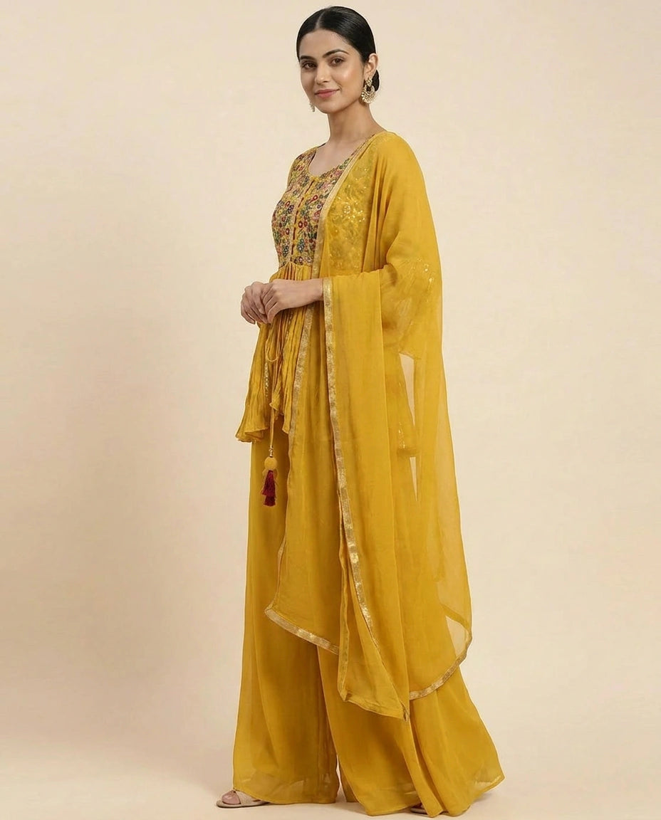 Lime Green Georgette Peplum Suit Set for Festive Wear