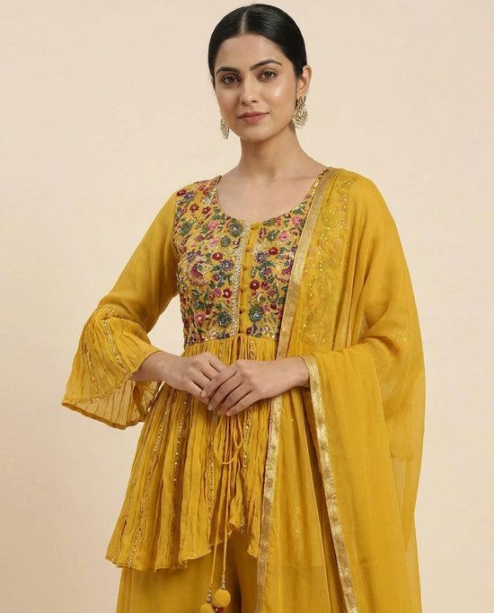 Lime Green Georgette Peplum Suit Set for Festive Wear
