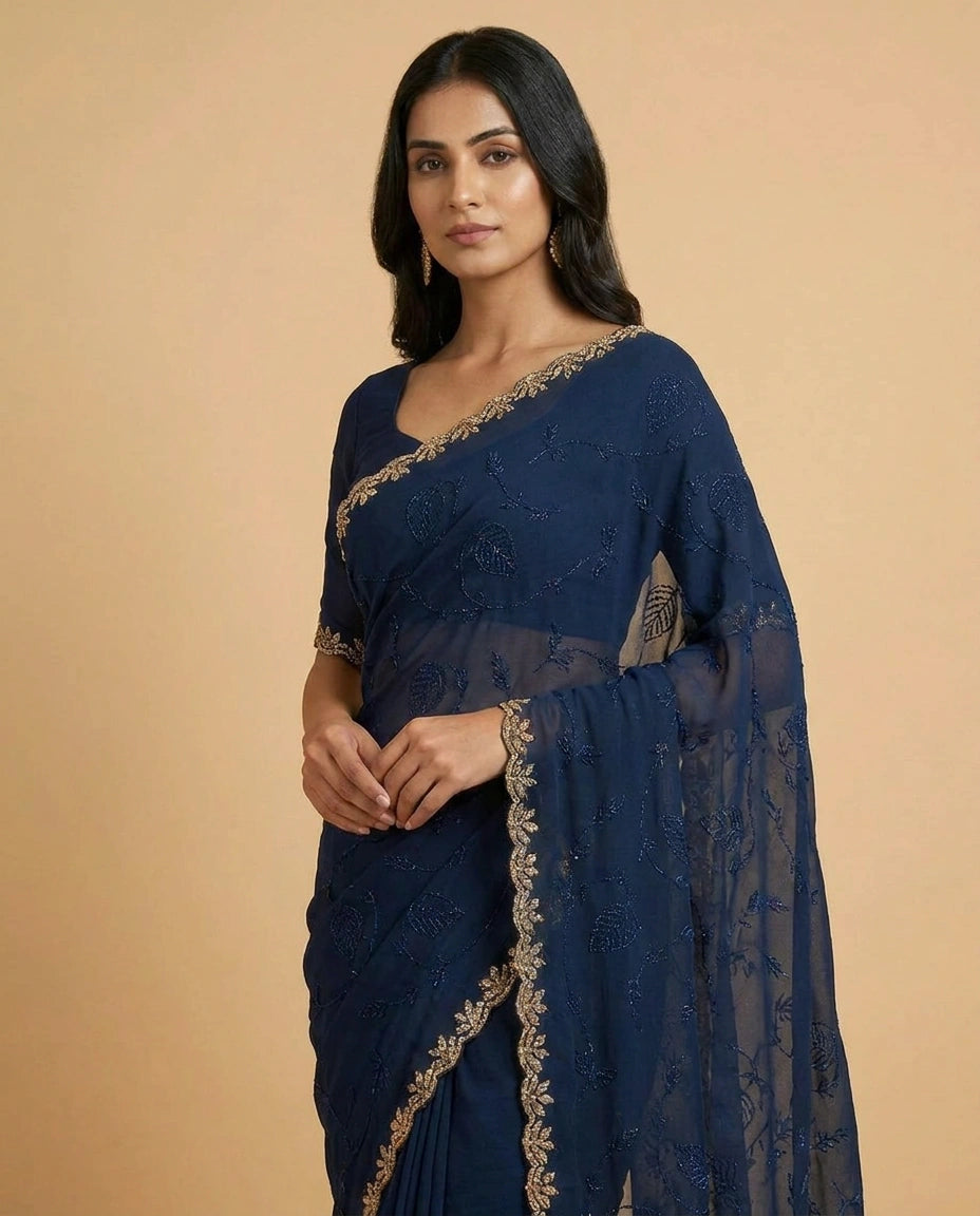 Tissue Saree with Embroidered Scalloped Border Online India - Rangoli India