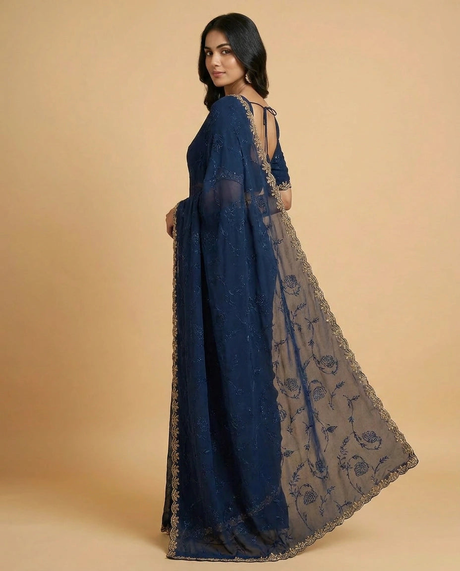 Tissue Saree with Embroidered Scalloped Border Online India - Rangoli India