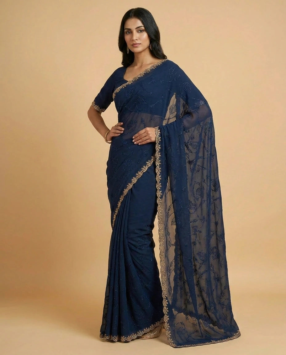 Tissue Saree with Embroidered Scalloped Border Online India - Rangoli India