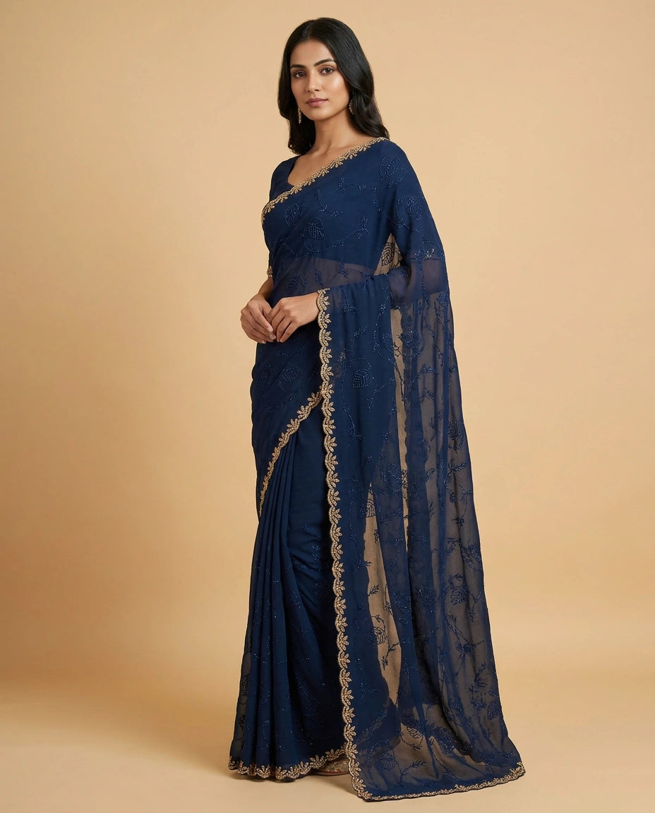 Tissue Saree with Embroidered Scalloped Border Online India - Rangoli India