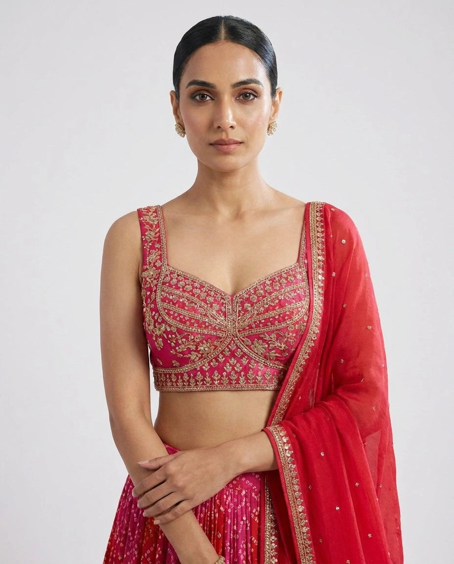 Magenta Chinon Croptop Lehenga with Embroidered Croptop view 2