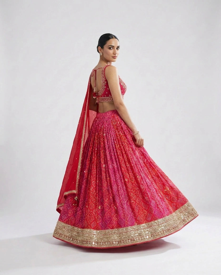 Magenta Chinon Croptop Lehenga with Embroidered Croptop view 3