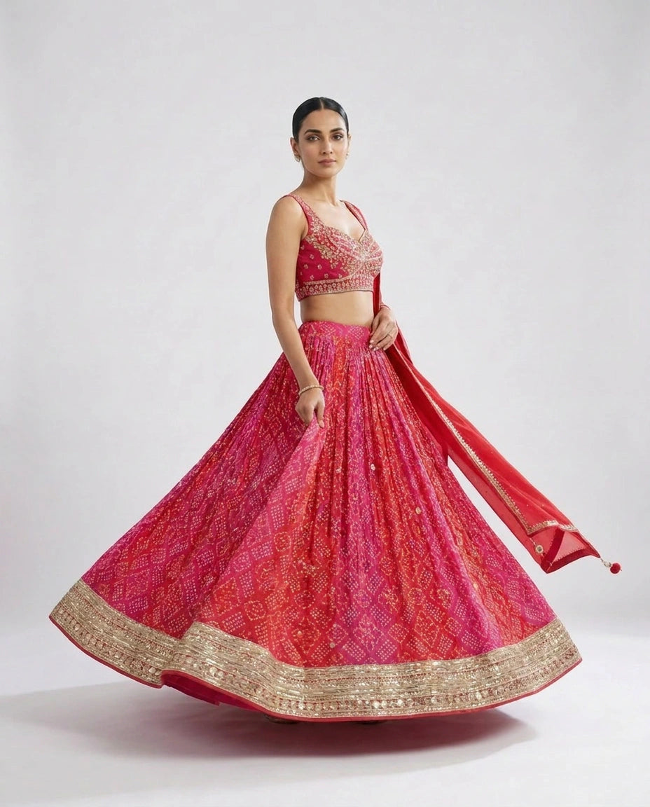 Magenta Chinon Croptop Lehenga with Embroidered Croptop view 4