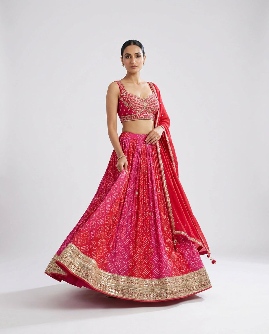 Magenta Chinon Croptop Lehenga with Embroidered Croptop - Rangoli India