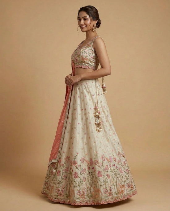 Off White Tissue Croptop Lehenga with Embroidered Motifs - Rangoli India