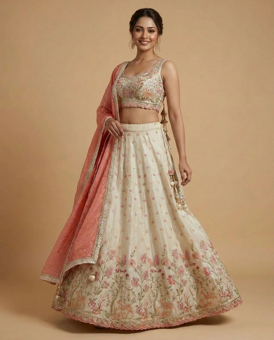 Off White Tissue Croptop Lehenga with Embroidered Motifs - Rangoli India