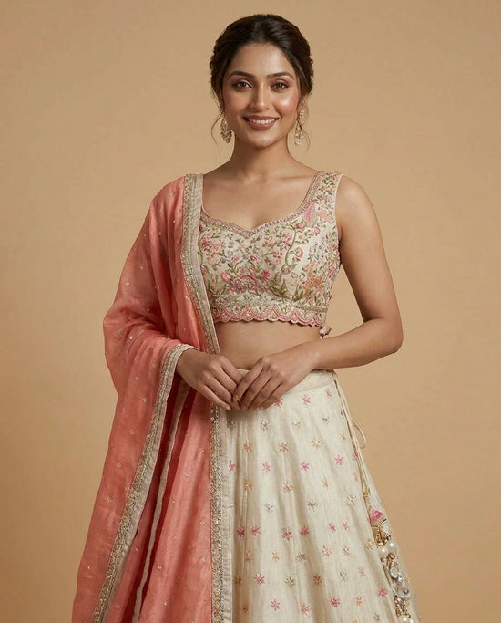 Off White Tissue Croptop Lehenga with Embroidered Motifs - Rangoli India