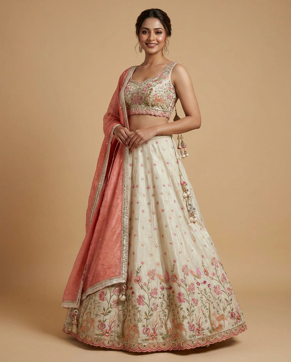 Off White Tissue Croptop Lehenga with Embroidered Motifs - Rangoli India