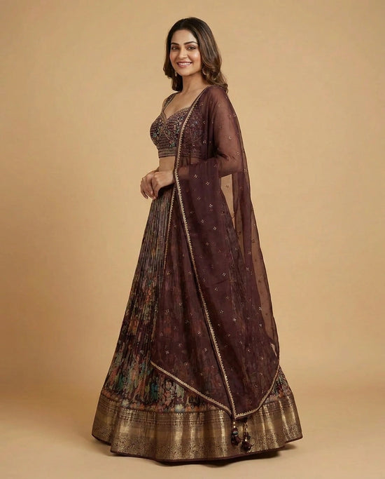 Wine Silk Katan Croptop Lehenga with Embroidered Border - Rangoli India