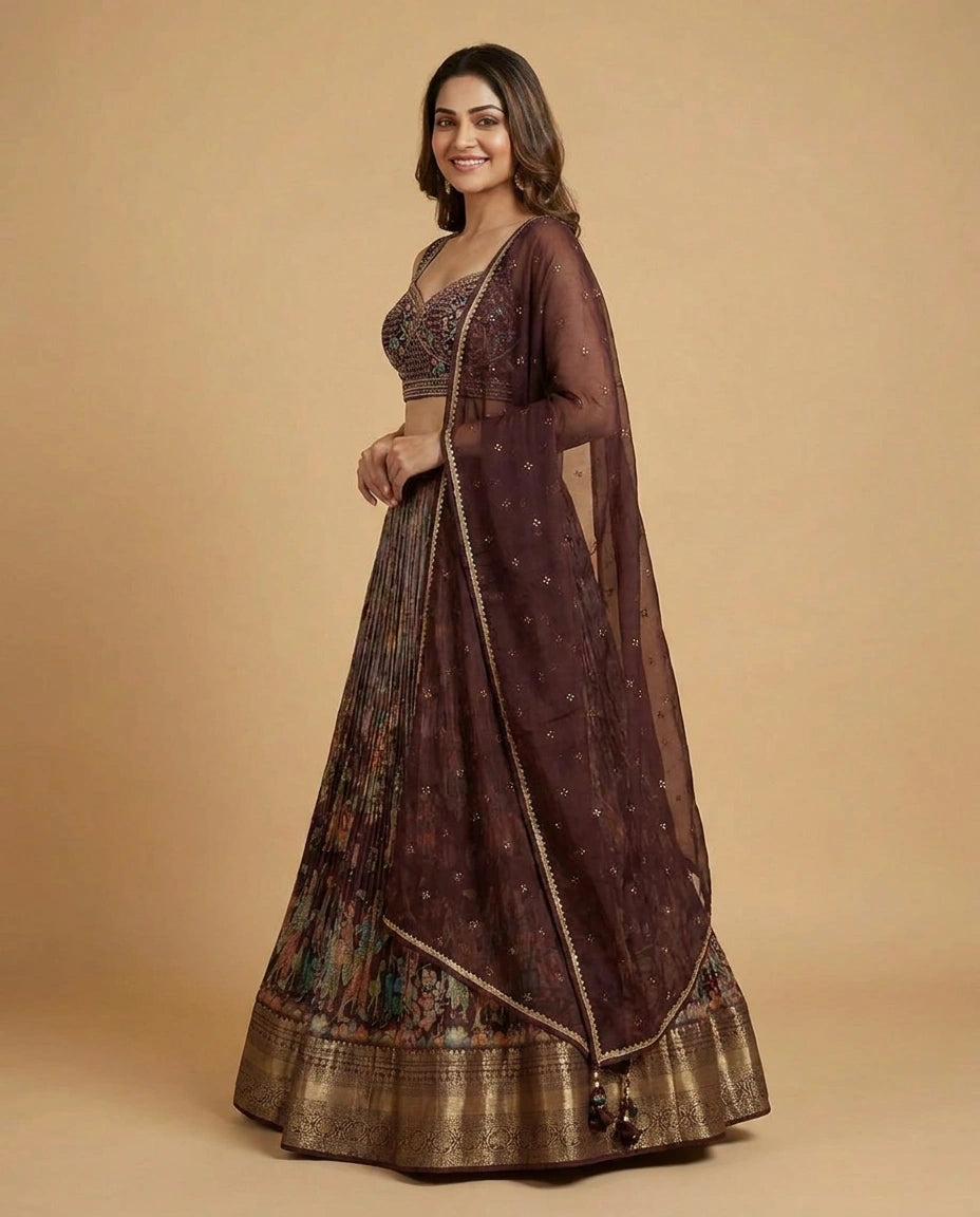 Wine Silk Katan Croptop Lehenga with Embroidered Border - Rangoli India