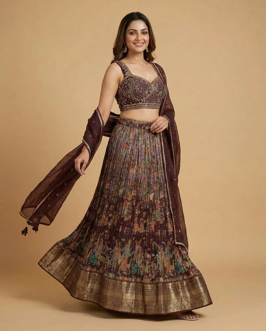 Wine Silk Katan Croptop Lehenga with Embroidered Border - Rangoli India