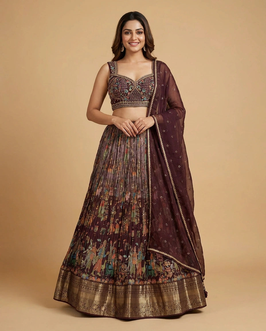 Wine Silk Katan Croptop Lehenga with Embroidered Border - Rangoli India