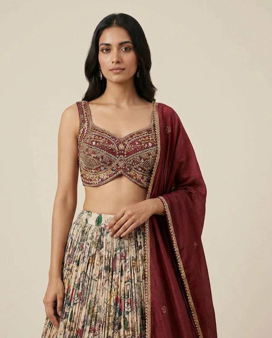 Beige/Maroon Chinon Croptop Lehenga with Embroidered Croptop - Rangoli India