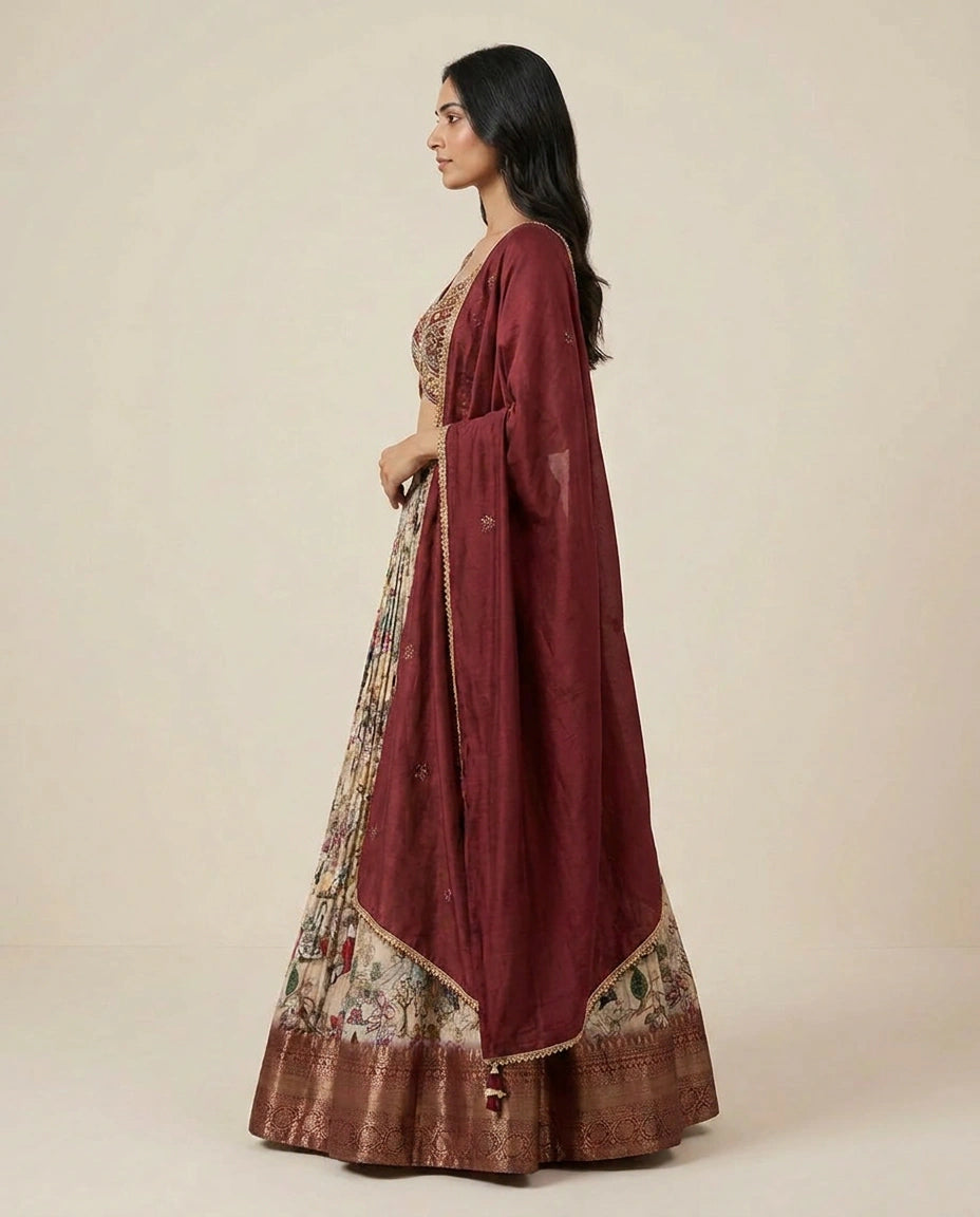 Beige/Maroon Chinon Croptop Lehenga with Embroidered Croptop view 3