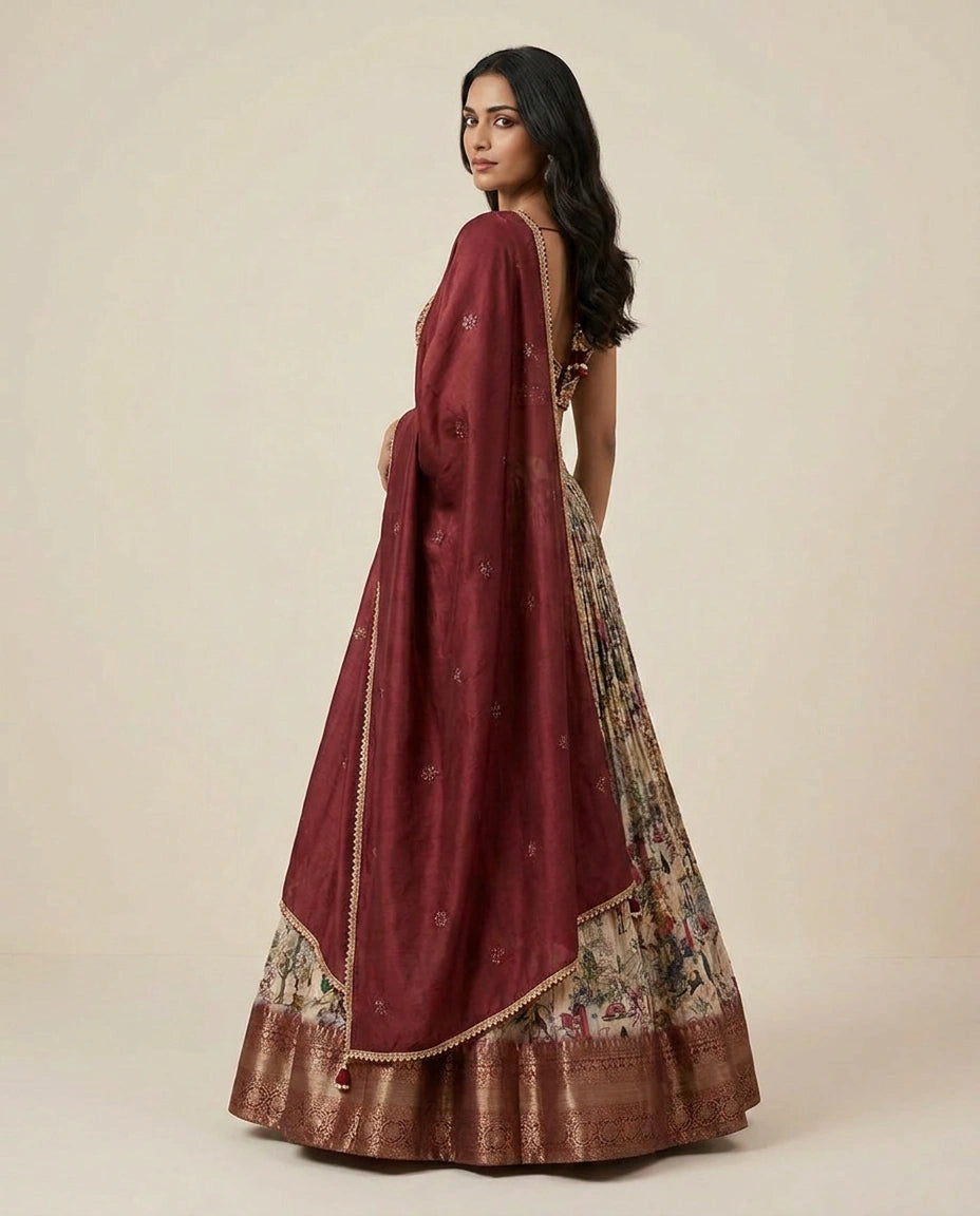 Beige/Maroon Chinon Croptop Lehenga with Embroidered Croptop view 4